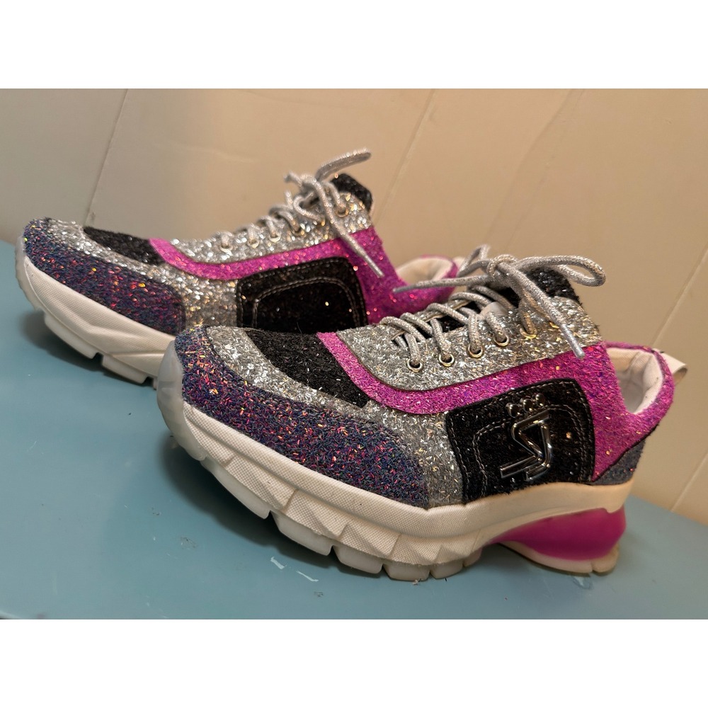 Shane Justin Womens Glitter Chunky Platform Sneakers Pink Silver Black Size 38